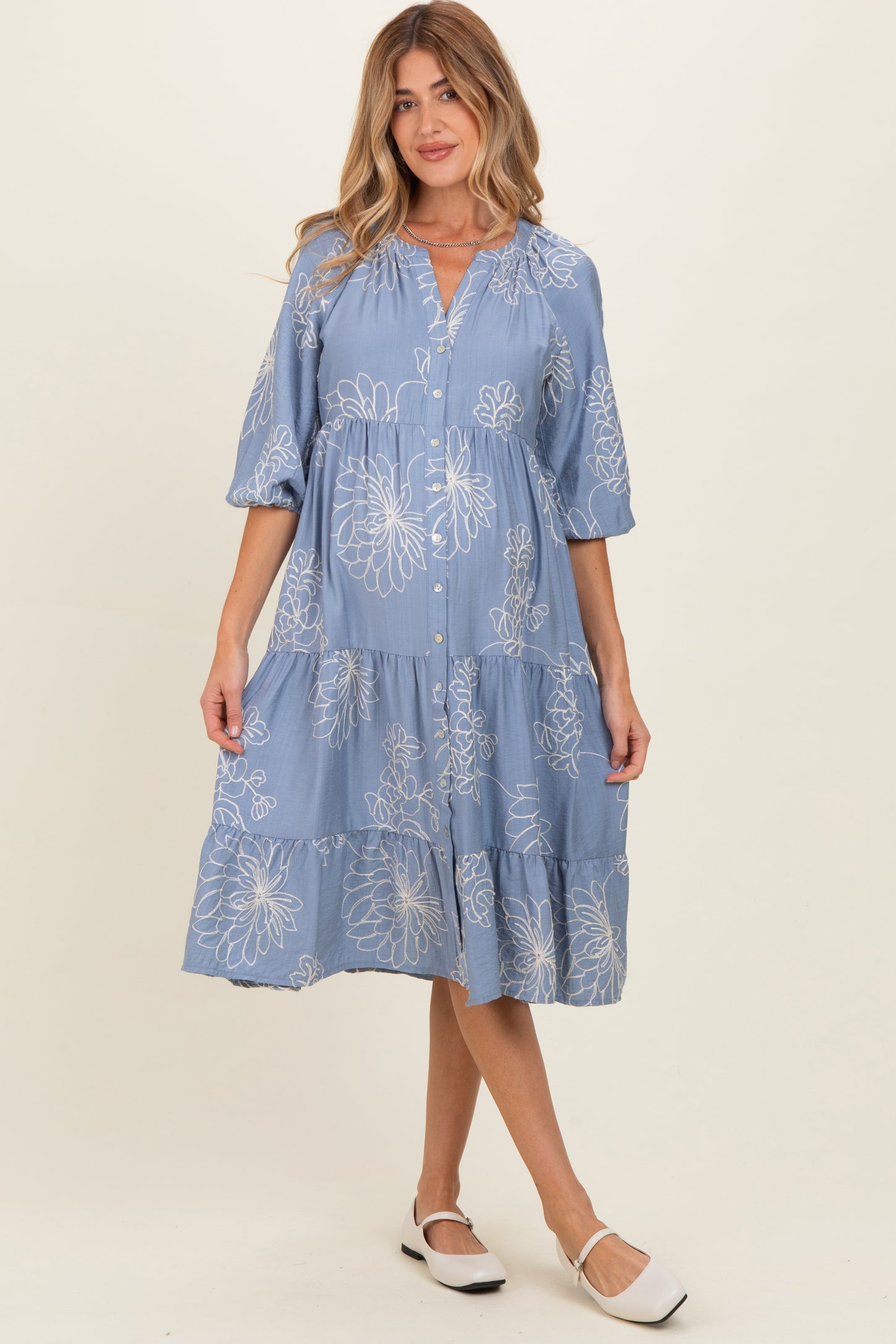 Blue Embroidered Tiered Maternity Midi Shirt Dress