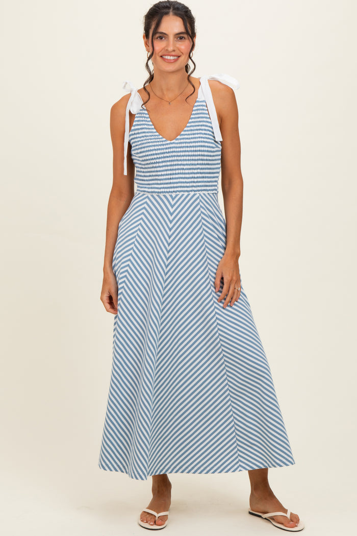 Light Blue Striped Smocked Shoulder Tie Maternity Midi Dress