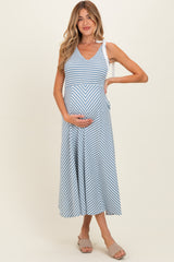Light Blue Striped Smocked Shoulder Tie Maternity Midi Dress