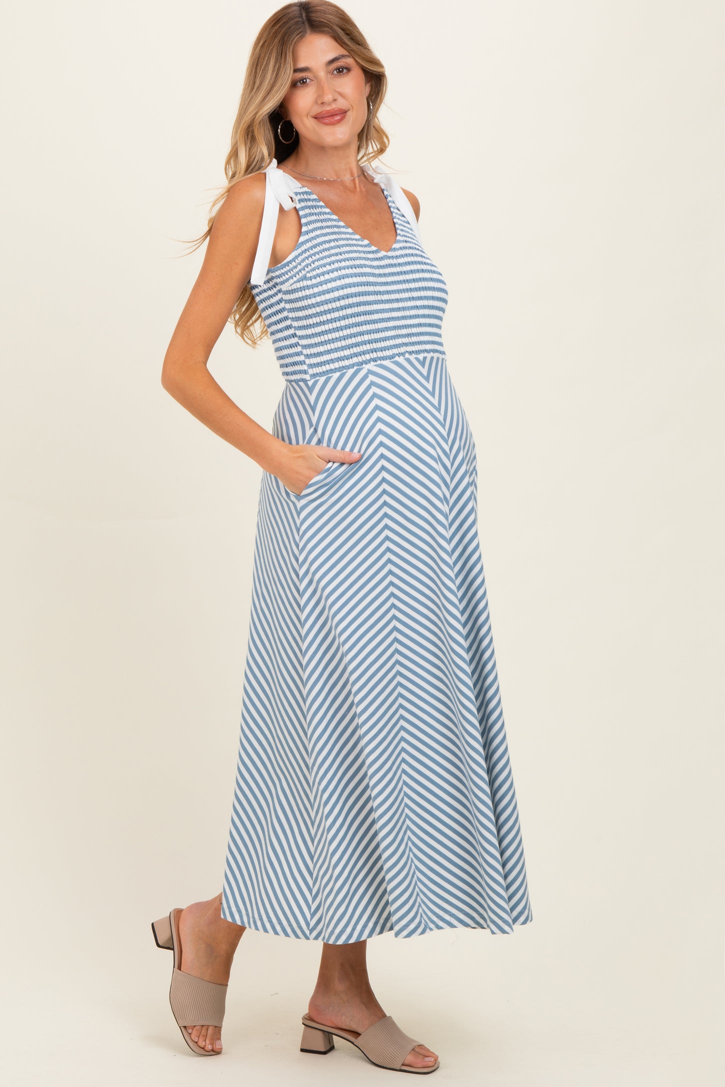 Light Blue Striped Smocked Shoulder Tie Maternity Midi Dress