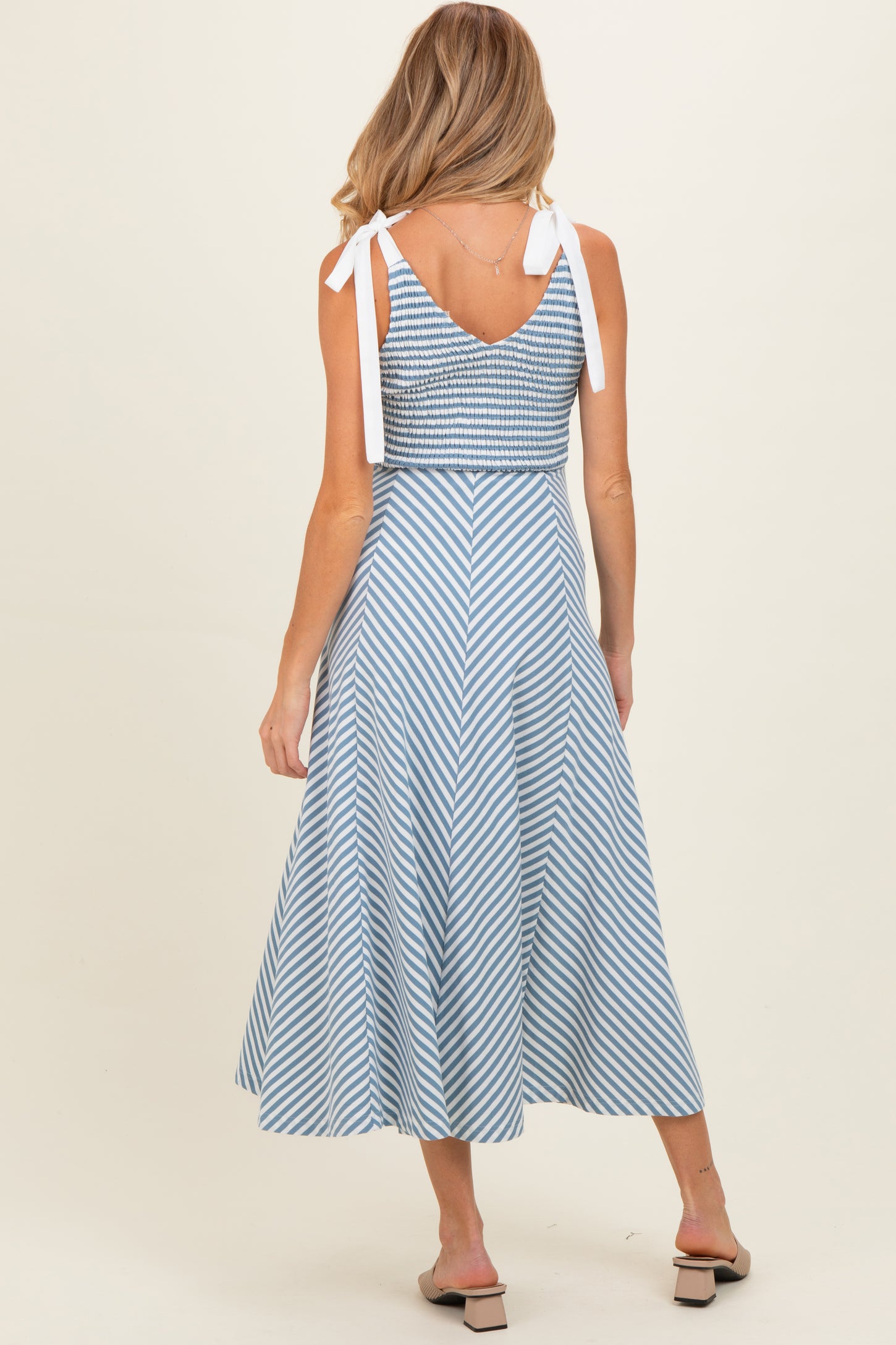 Light Blue Striped Smocked Shoulder Tie Maternity Midi Dress