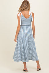 Light Blue Striped Smocked Shoulder Tie Maternity Midi Dress