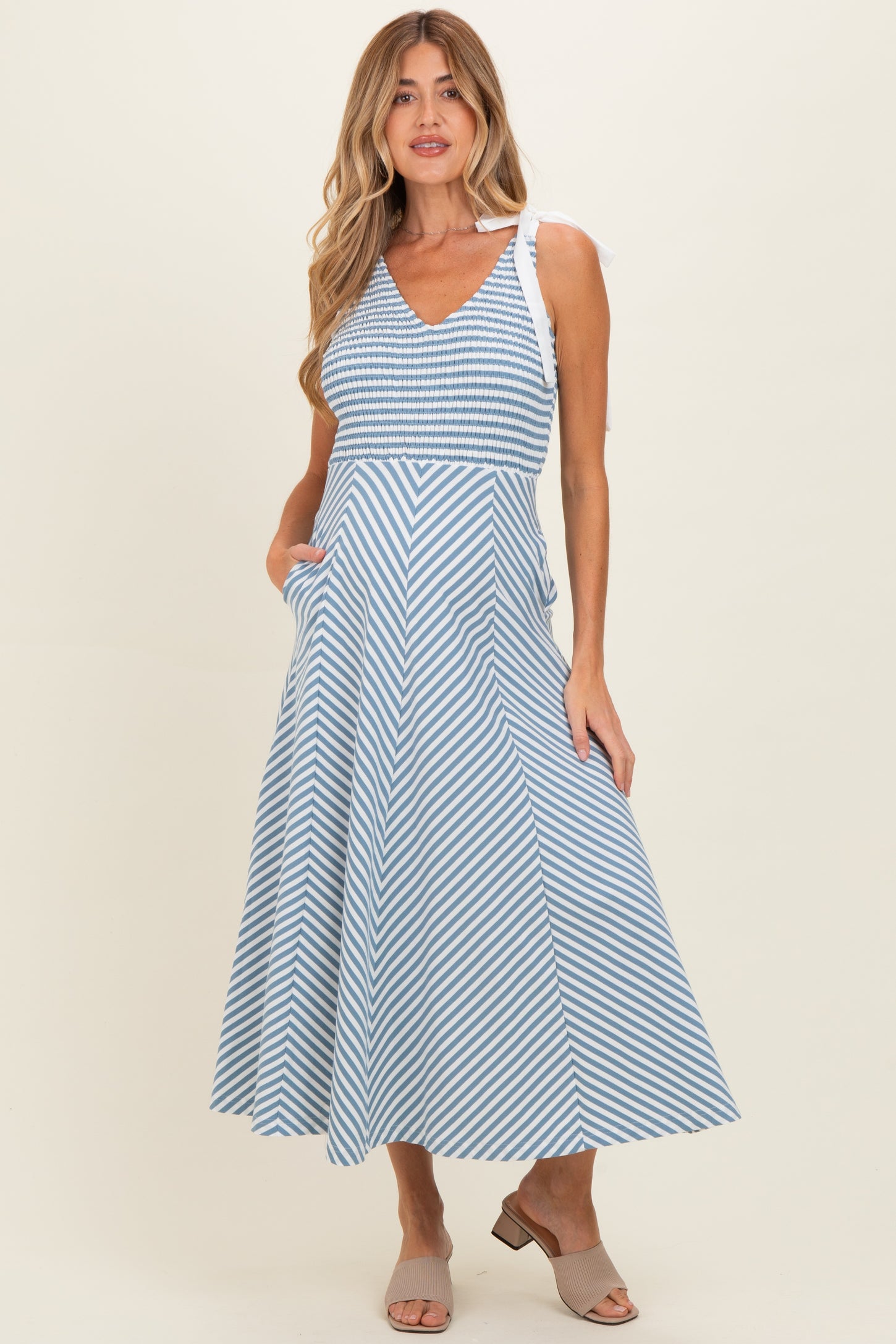 Light Blue Striped Smocked Shoulder Tie Maternity Midi Dress