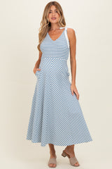 Light Blue Striped Smocked Shoulder Tie Maternity Midi Dress
