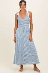 Light Blue Striped Smocked Shoulder Tie Midi Dress