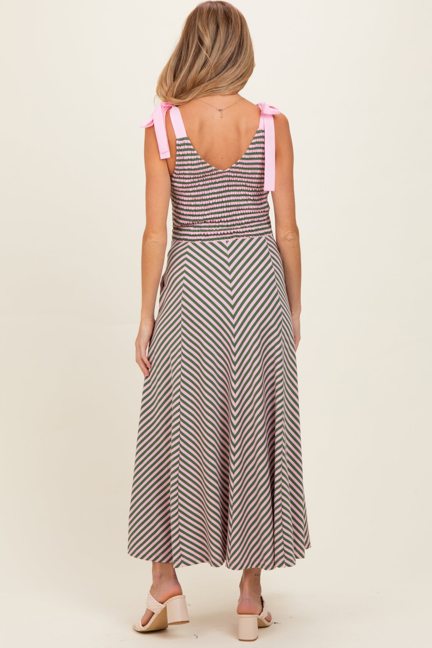 Olive Striped Smocked Shoulder Tie Maternity Midi Dress
