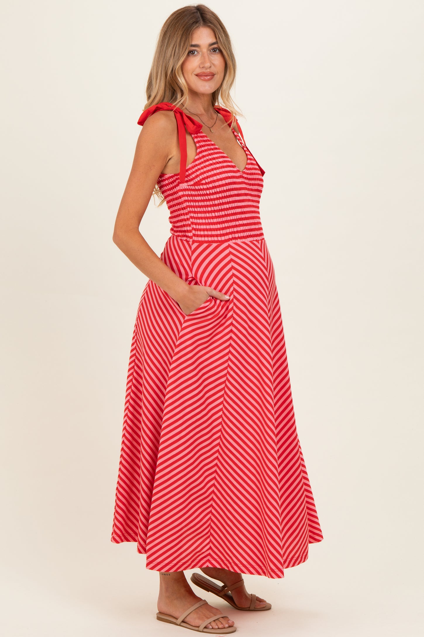 Red Striped Smocked Shoulder Tie Maternity Midi Dress