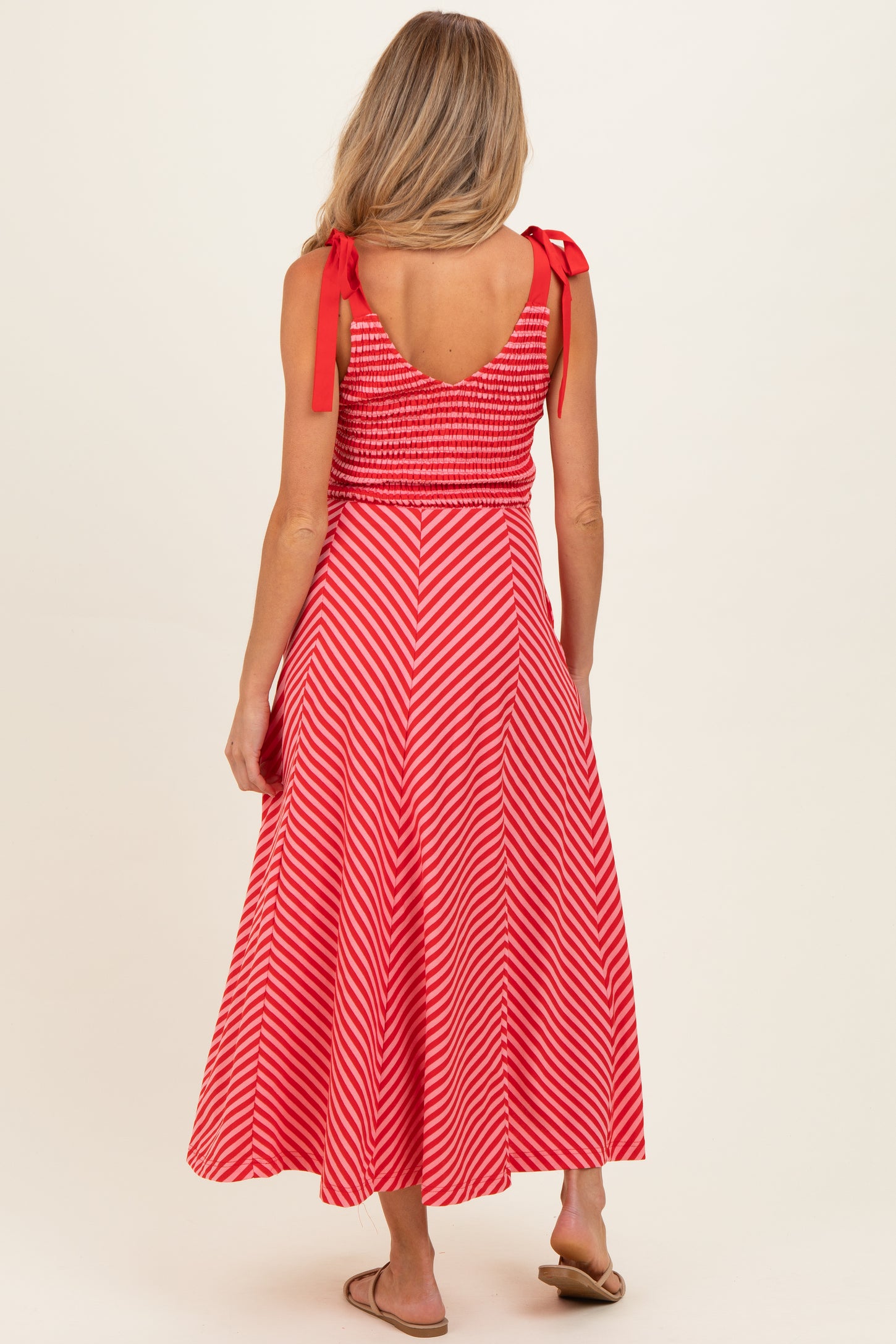 Red Striped Smocked Shoulder Tie Maternity Midi Dress