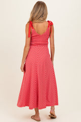Red Striped Smocked Shoulder Tie Maternity Midi Dress