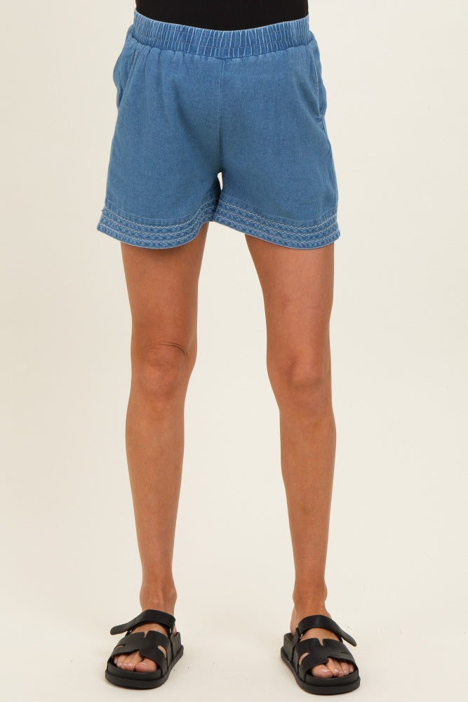 Light Blue Embroidered Trim Maternity Shorts