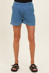 Light Blue Embroidered Trim Maternity Shorts