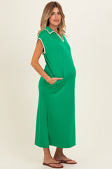 Green Stitch Detail Collared Maternity Midi Dress