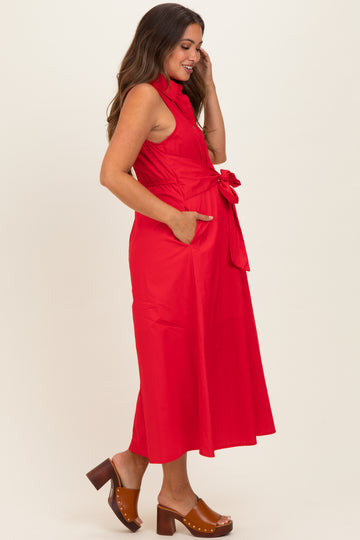 Red Button Up Sleeveless Maternity Midi Dress