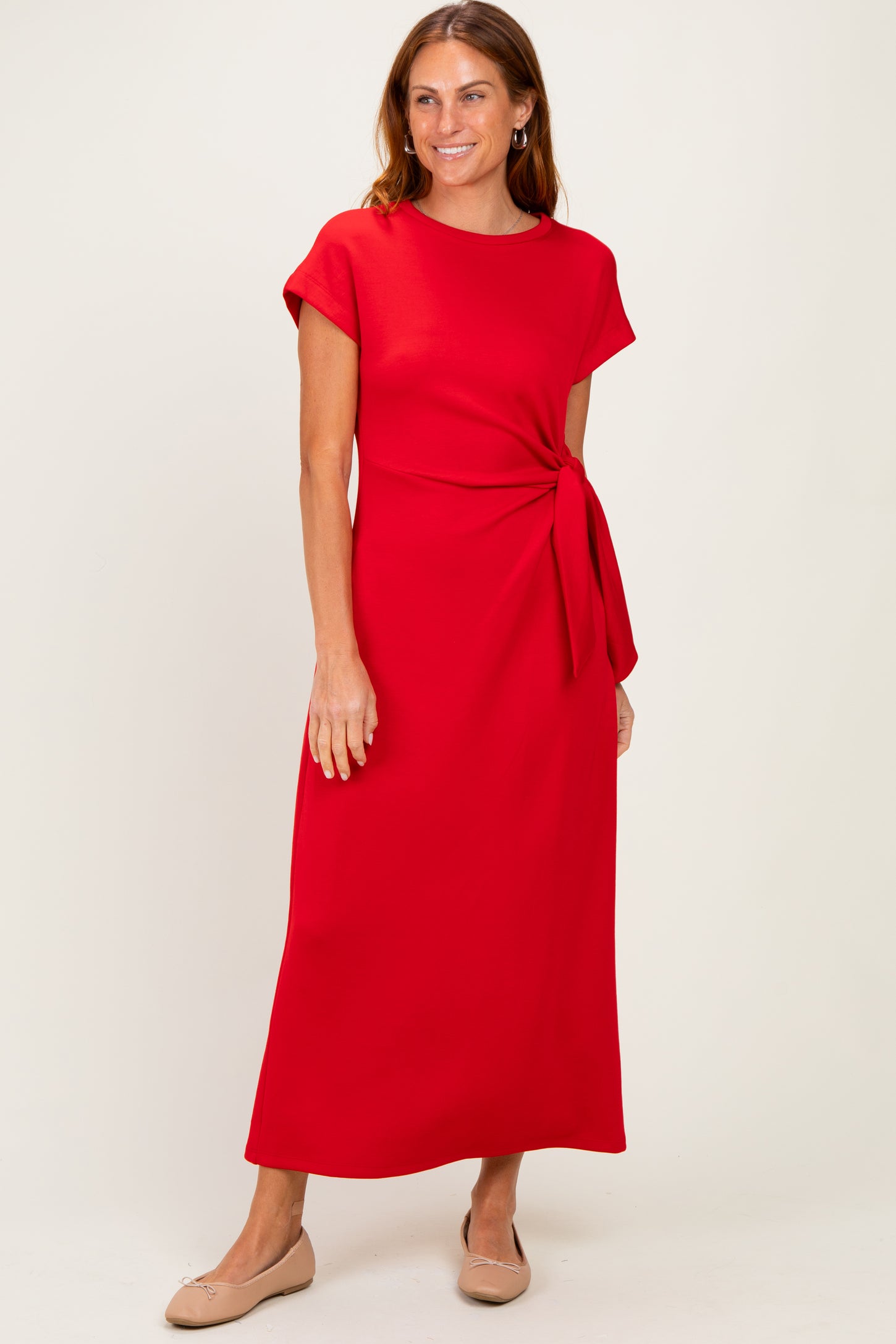 Red Side Tie Short Sleeve Midi Dress