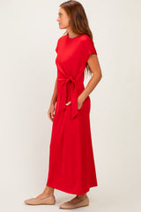 Red Side Tie Short Sleeve Midi Dress