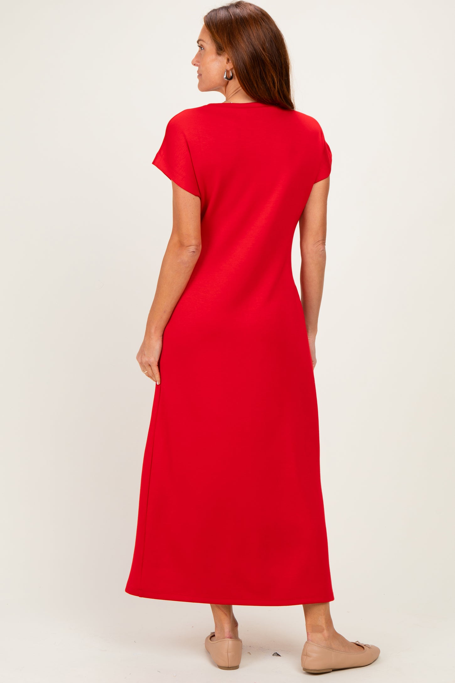 Red Side Tie Short Sleeve Midi Dress