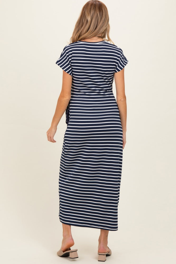Navy Striped Side Tie Maternity Midi Dress