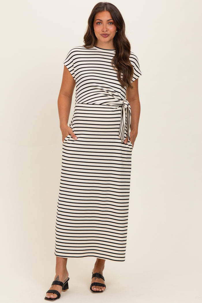 Cream Striped Side Tie Maternity Midi Dress