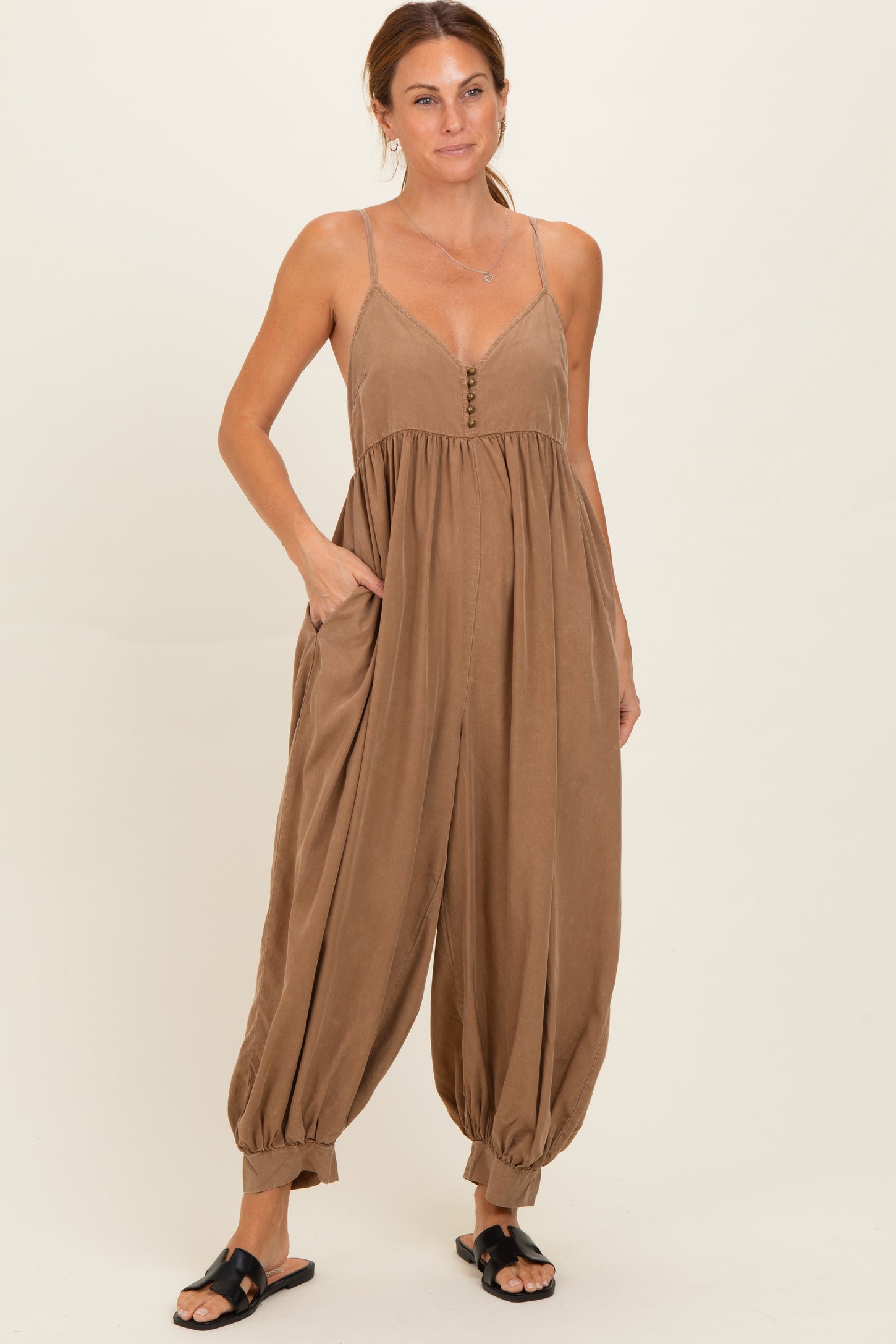 Mushroom Mineral Wash Sleeveless V-Neck Jumpsuit