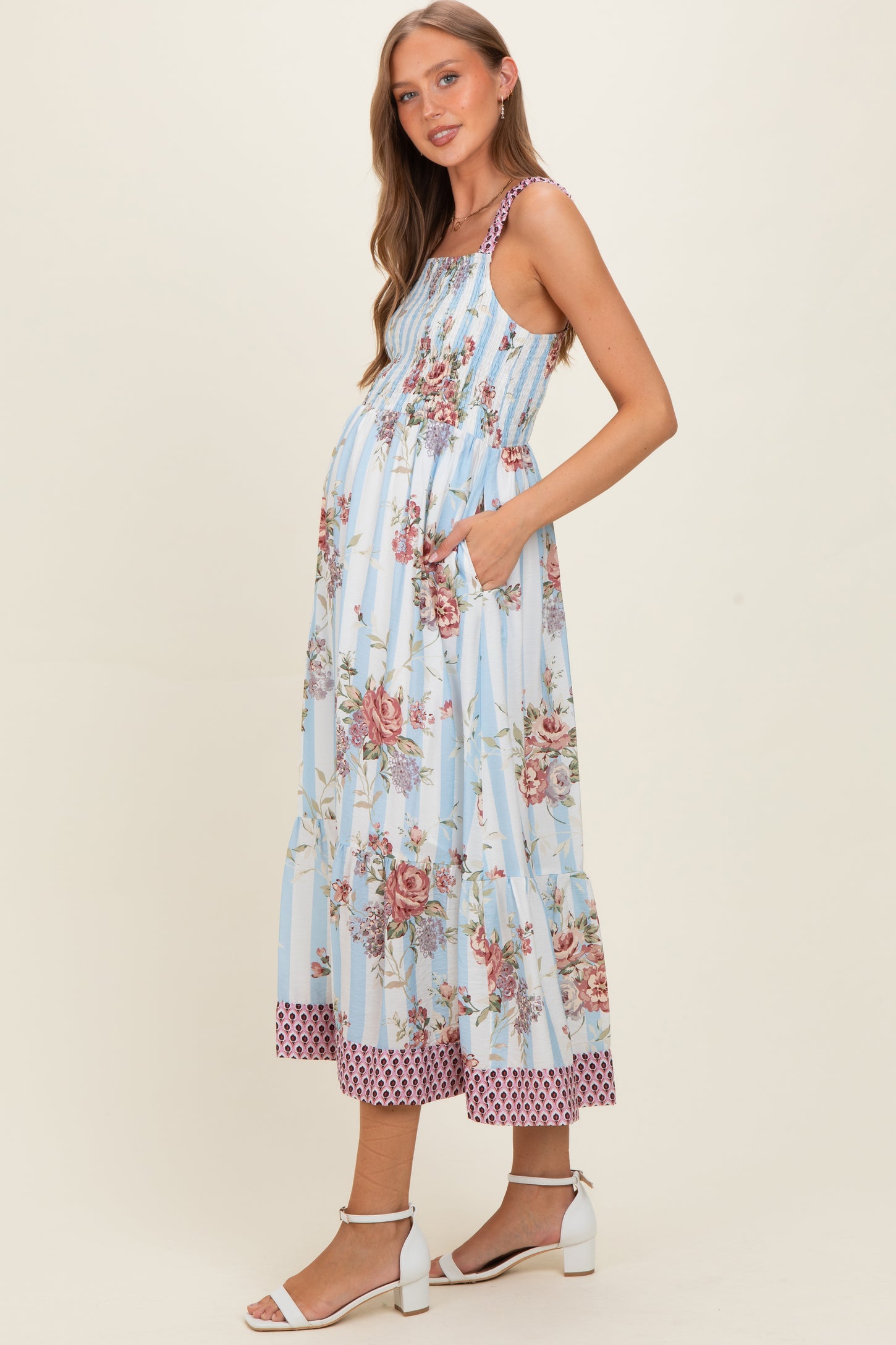 French Blue Floral Striped Contrast Strap Maternity Maxi Dress