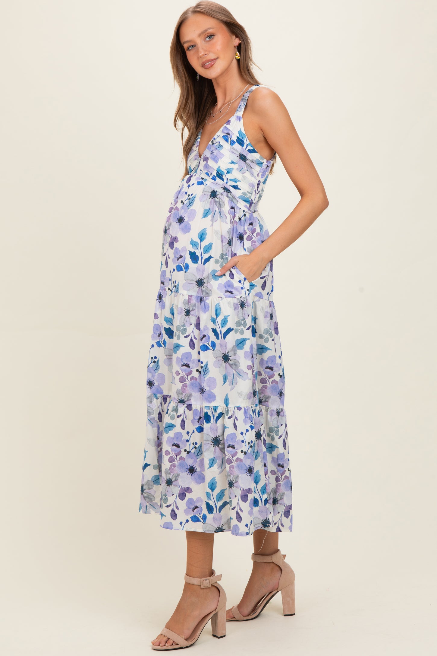 Lilac Blue Floral Pleated Bust Tiered Maternity Maxi Dress