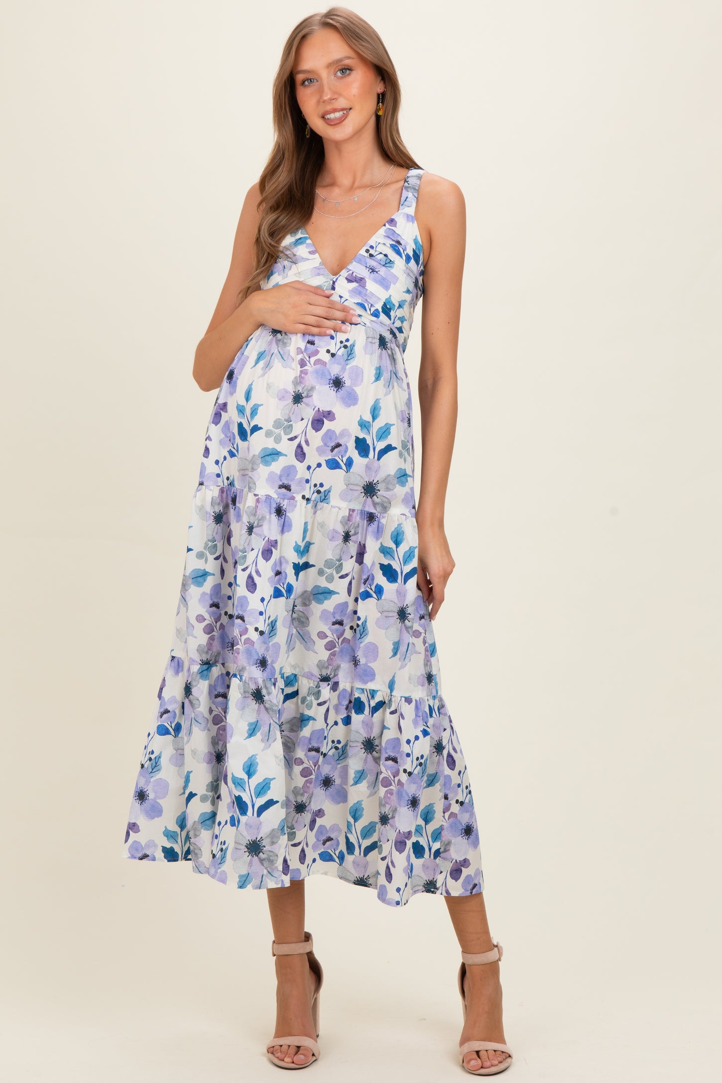 Lilac Blue Floral Pleated Bust Tiered Maternity Maxi Dress