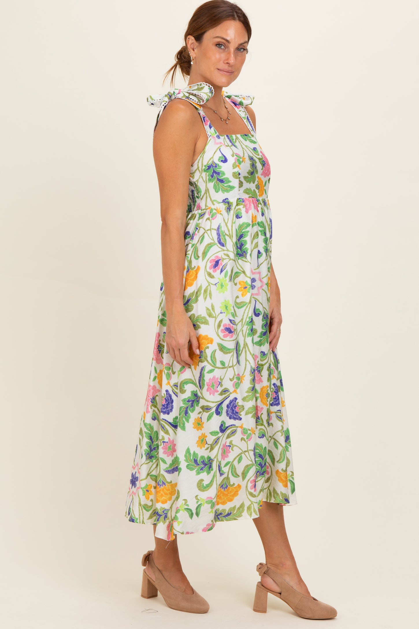 Lemongrass Floral Shoulder Tie Midi Dress