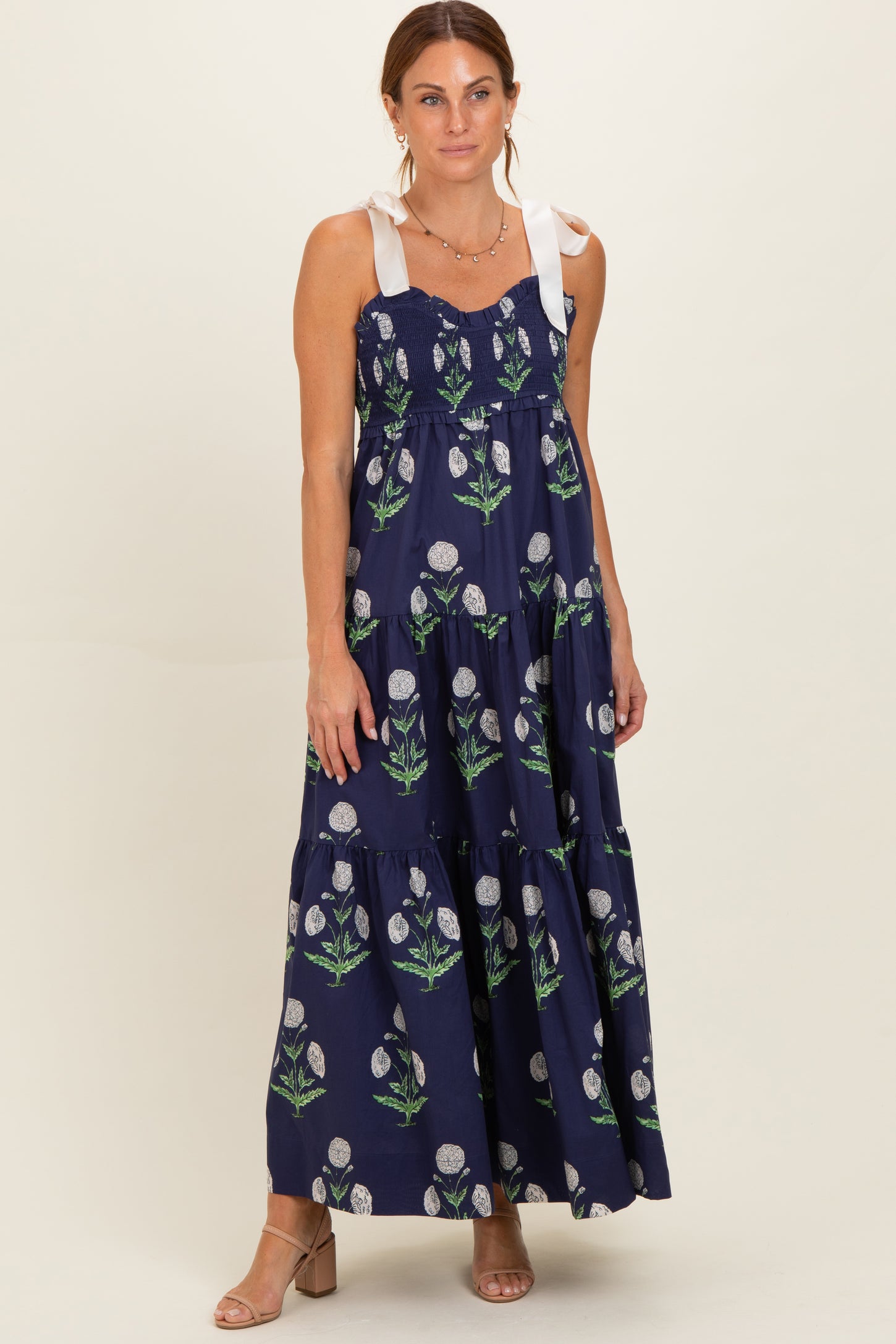 Navy Floral Sweetheart Neckline Smocked Maxi Dress