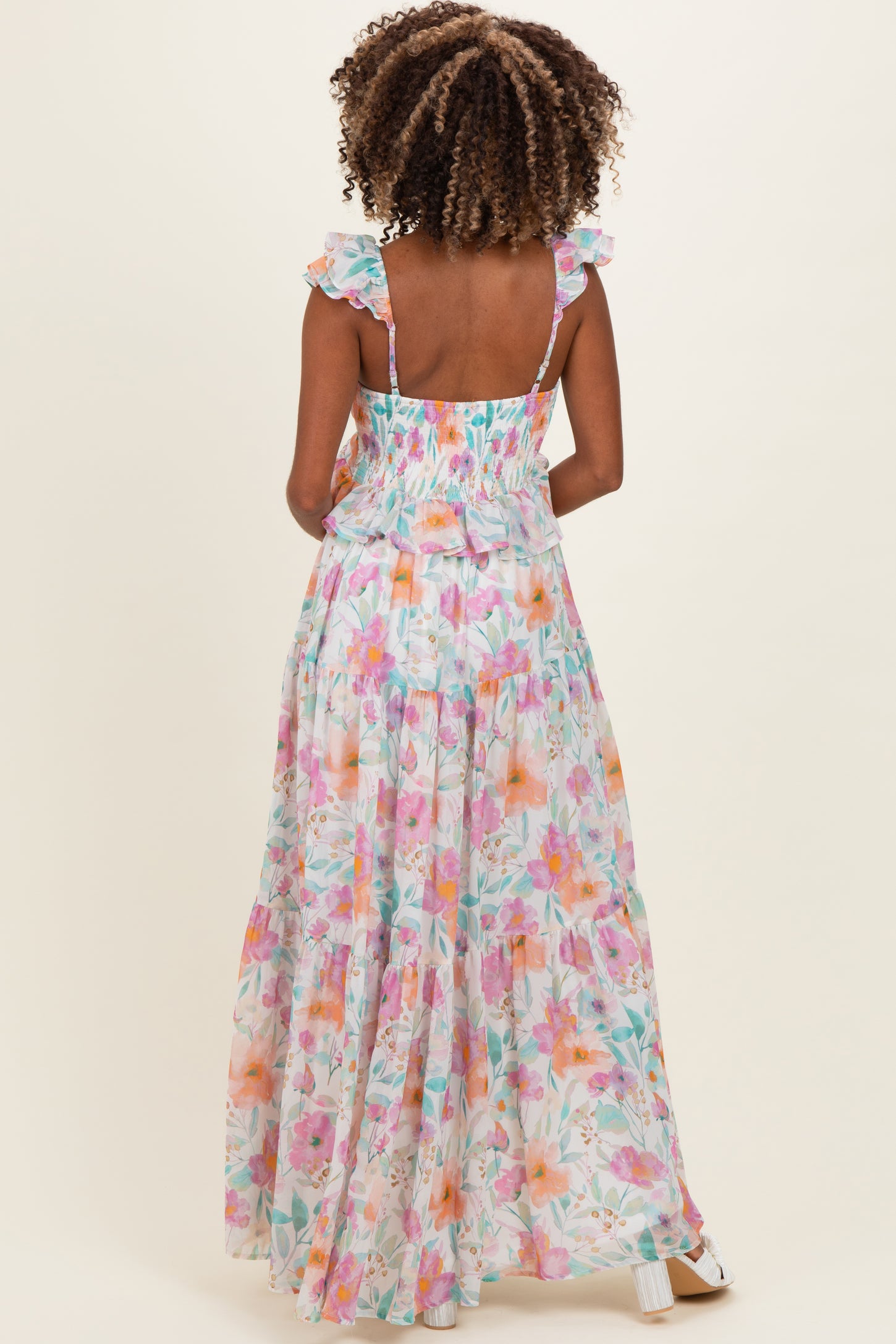 Ivory Floral Ruffle Accent Maternity Maxi Dress