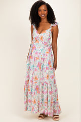Ivory Floral Ruffle Accent Maternity Maxi Dress