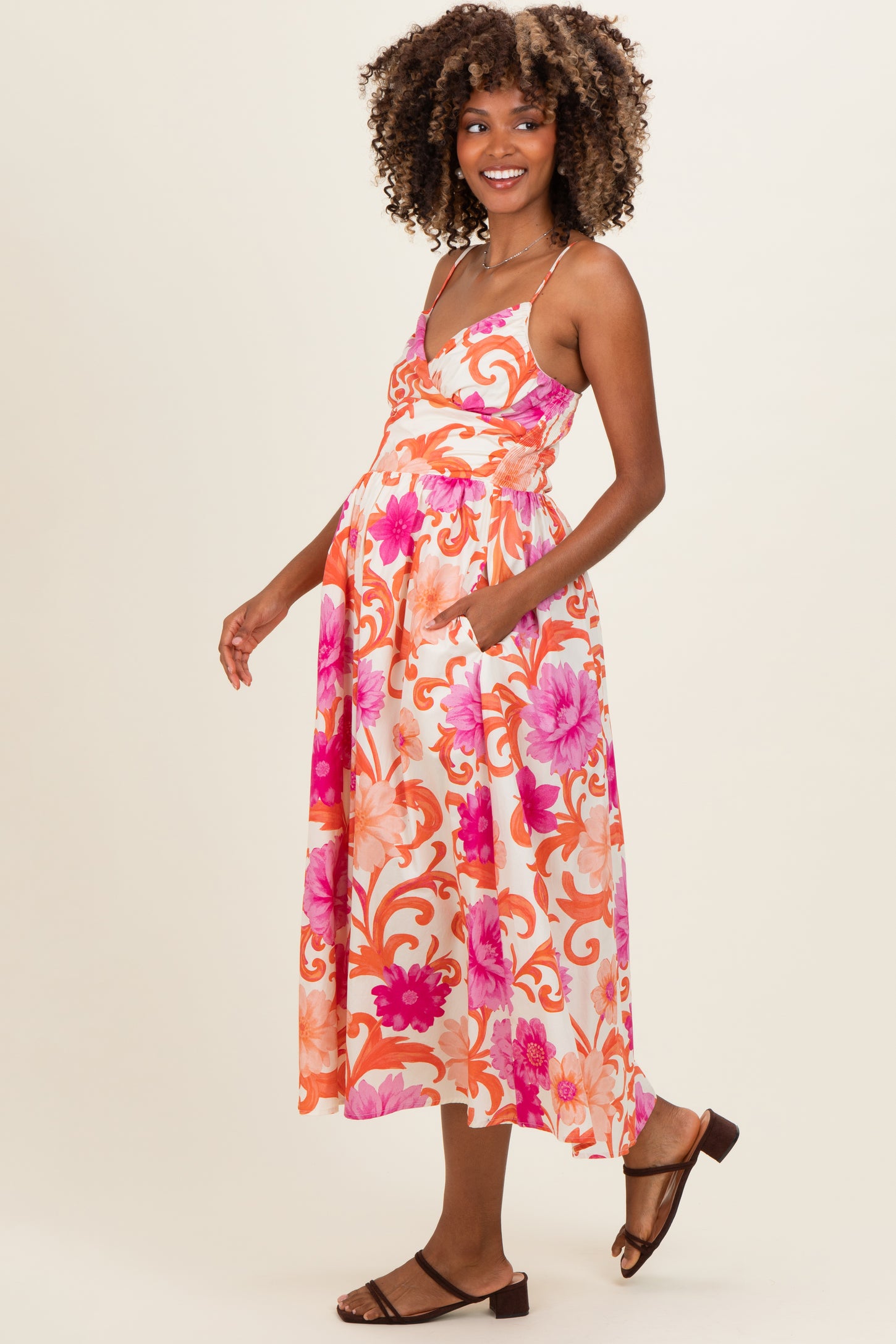 Ivory Pink Floral Wrap Maternity Midi Dress