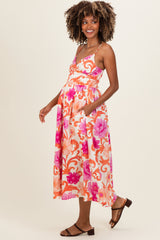 Ivory Pink Floral Wrap Maternity Midi Dress