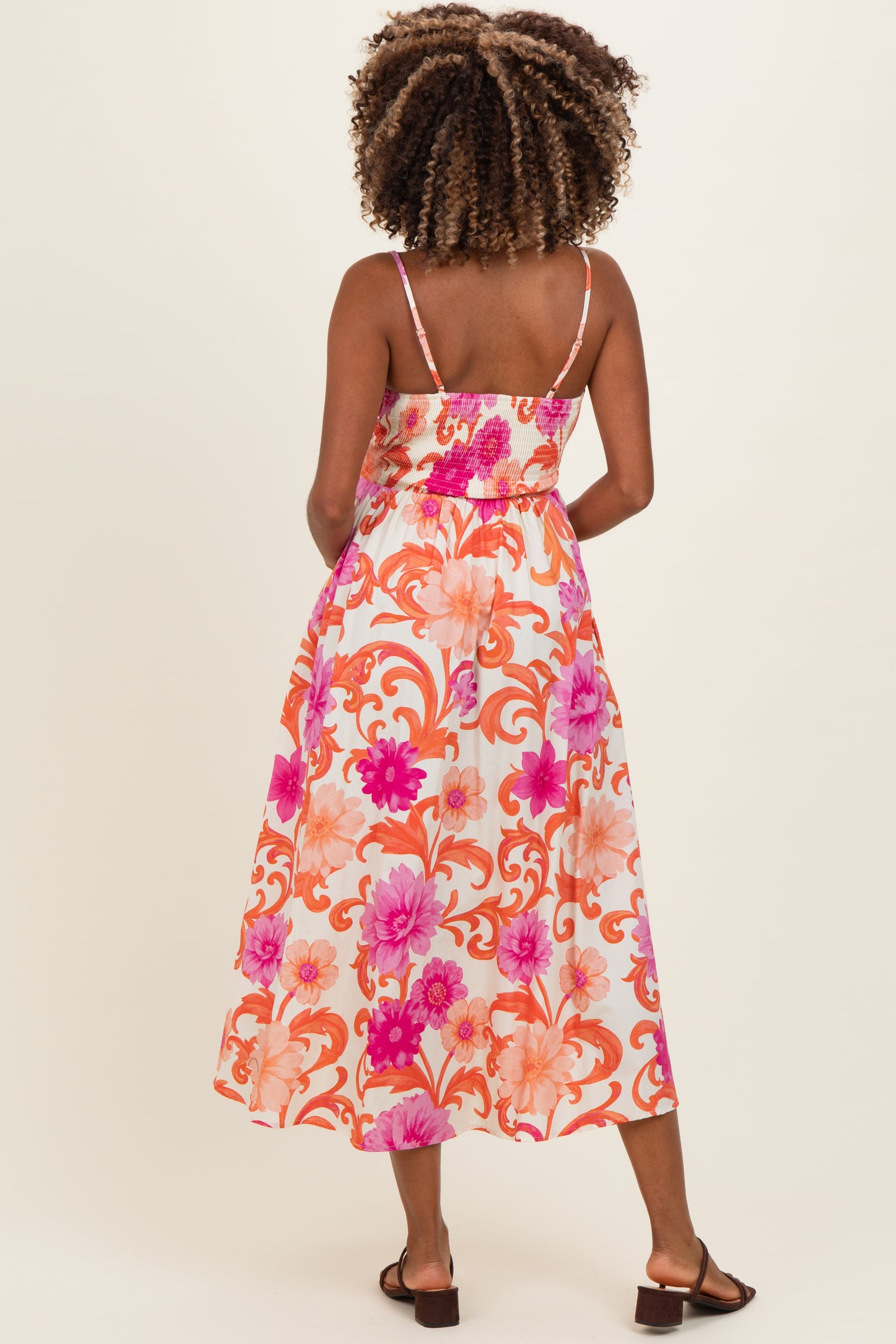 Ivory Pink Floral Wrap Maternity Midi Dress