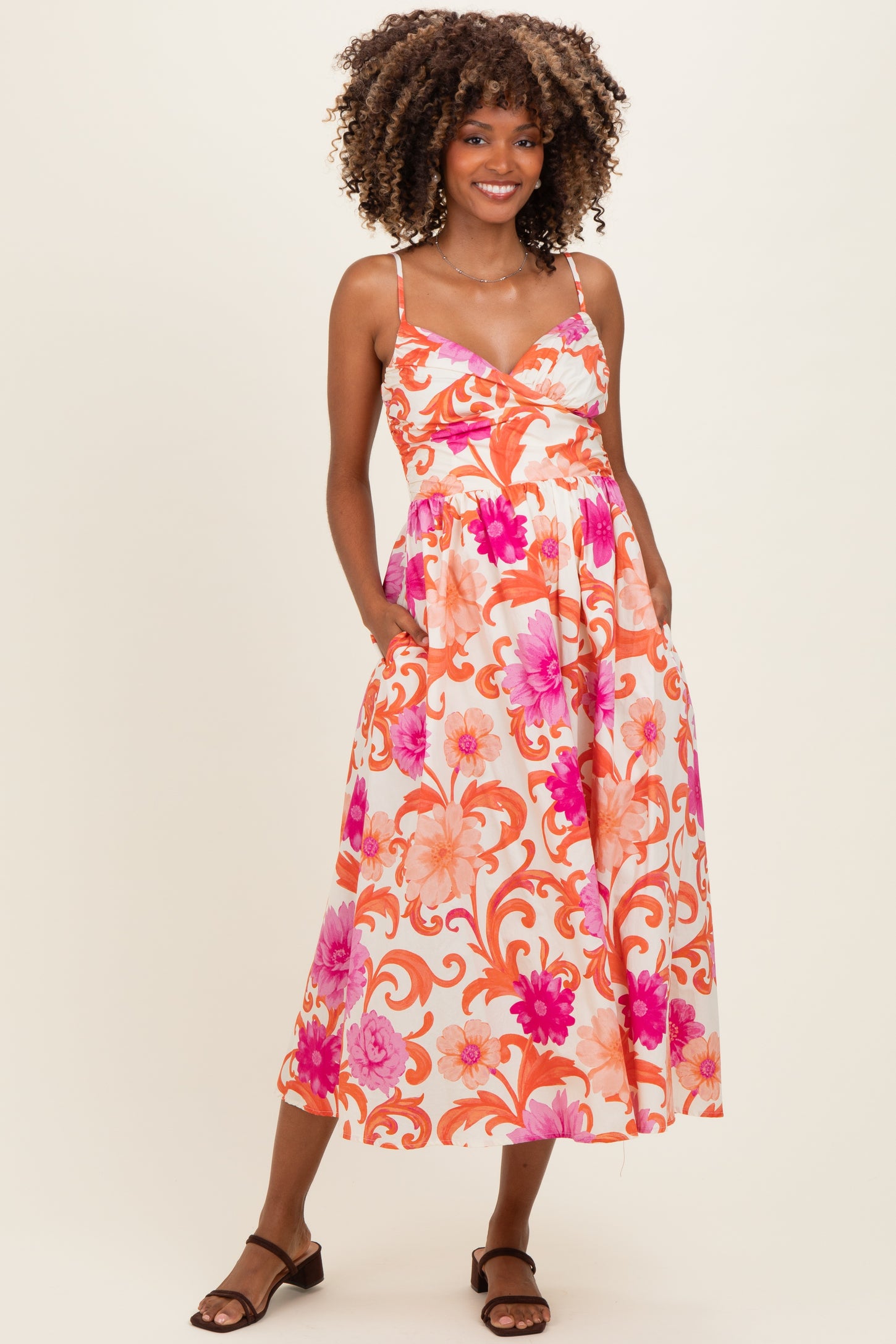 Ivory Pink Floral Wrap Maternity Midi Dress