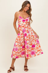 Ivory Pink Floral Wrap Midi Dress