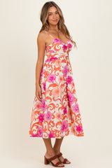 Ivory Pink Floral Wrap Midi Dress