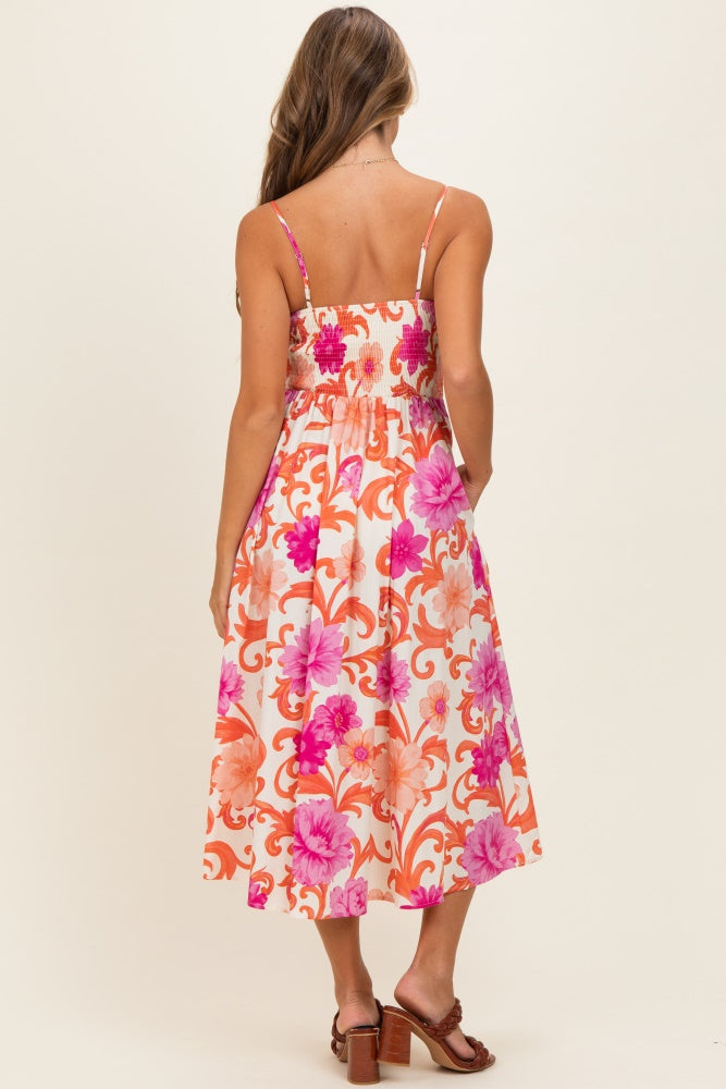Ivory Pink Floral Wrap Midi Dress