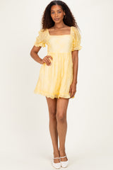 Yellow Floral Applique Puff Sleeve Mini Dress