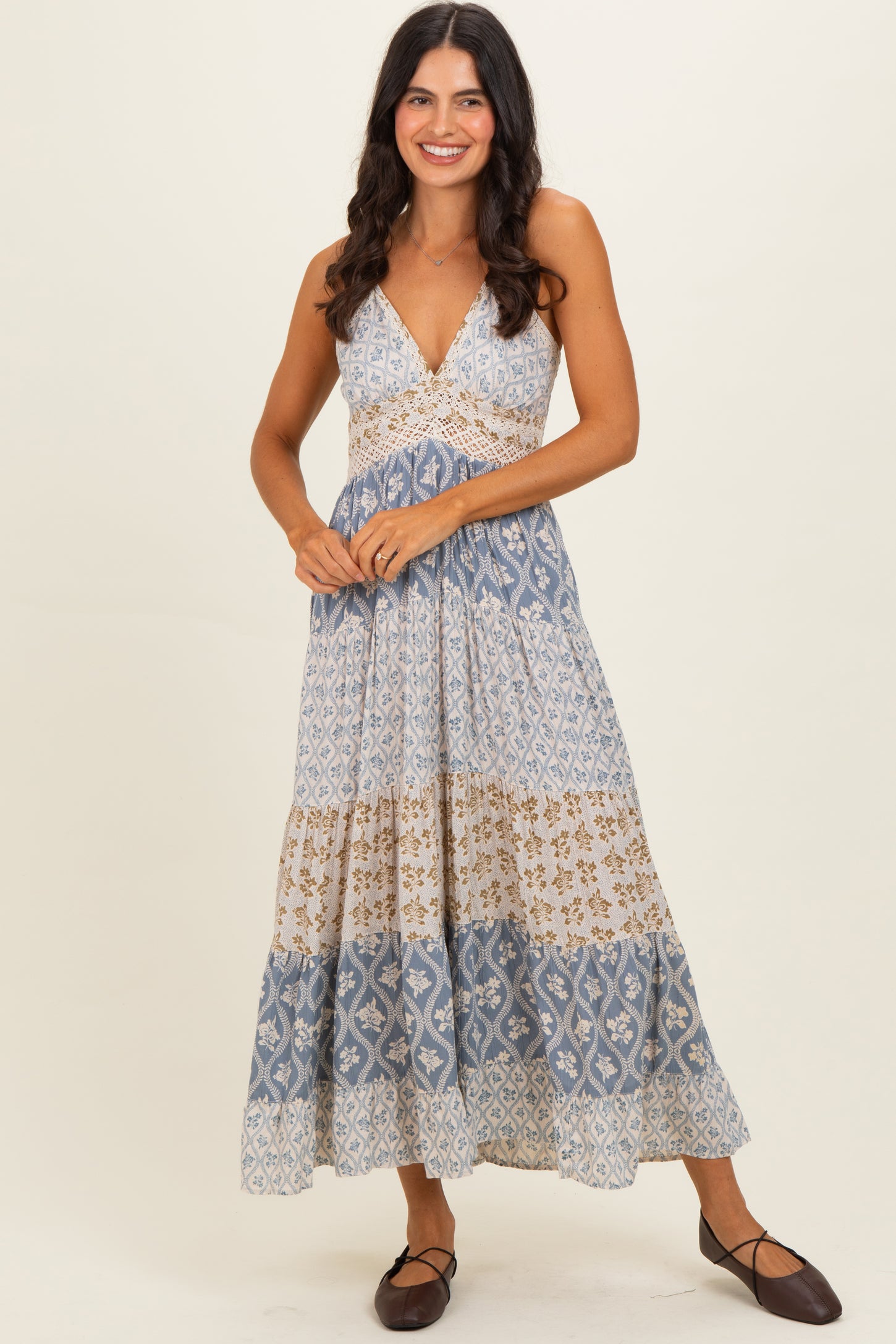 Vintage Blue Mixed Floral Lace Trim Maxi Dress