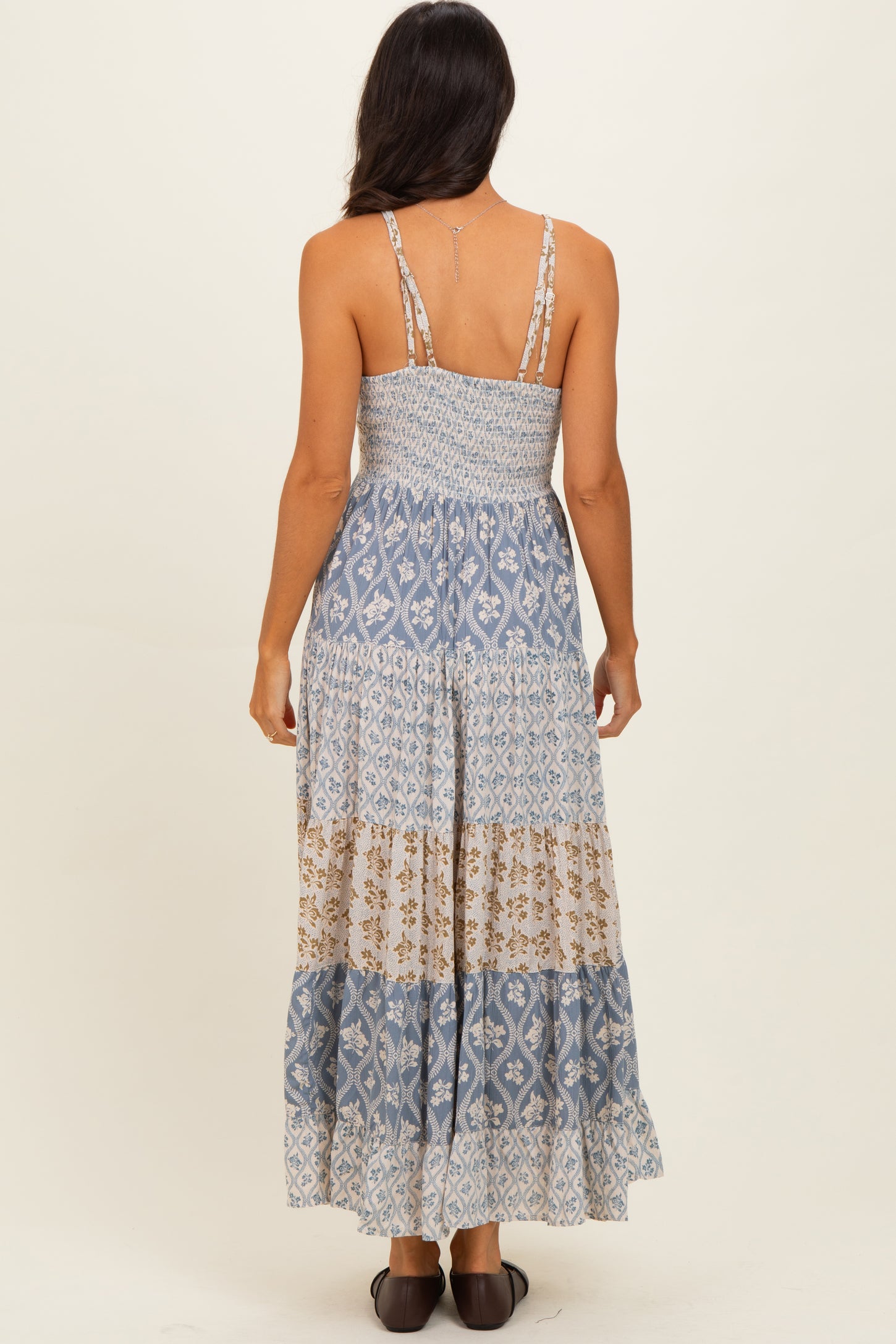 Vintage Blue Mixed Floral Lace Trim Maxi Dress