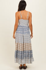 Vintage Blue Mixed Floral Lace Trim Maxi Dress