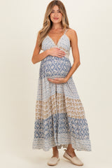 Vintage Blue Mixed Floral Lace Trim Maternity Maxi Dress