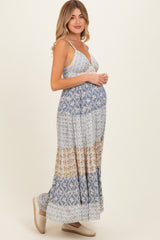 Vintage Blue Mixed Floral Lace Trim Maternity Maxi Dress