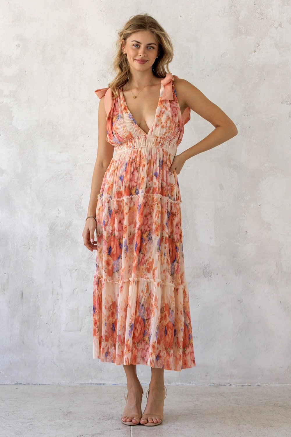 Peach Floral Plisse Shoulder Tie Maternity Dress