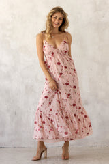 Pink Floral Shoulder Tie Ruffle Hem Maxi Dress