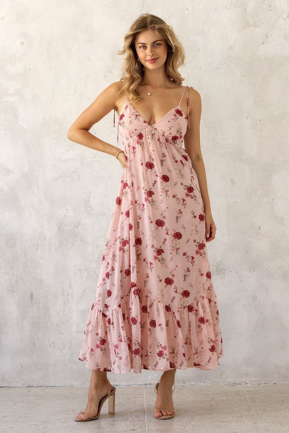 Pink Floral Shoulder Tie Ruffle Hem Maxi Dress