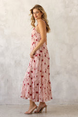 Pink Floral Shoulder Tie Ruffle Hem Maxi Dress