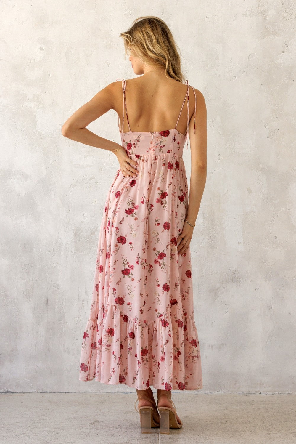 Pink Floral Shoulder Tie Ruffle Hem Maxi Dress
