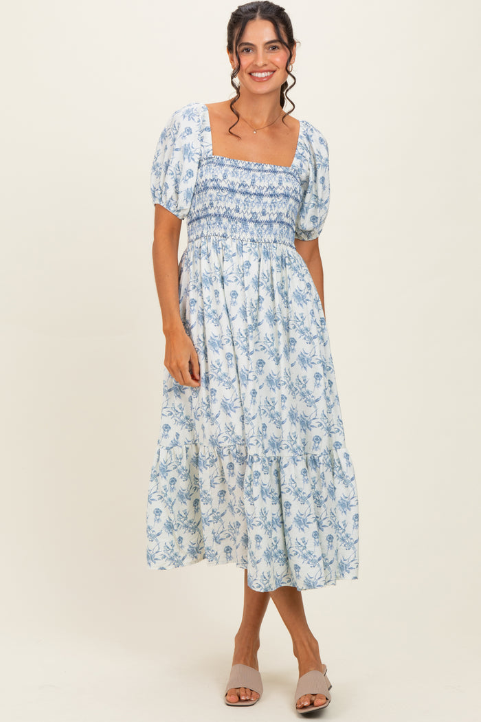 Porcelain Blue Floral Smocked Puff Sleeve Maternity Midi Dress