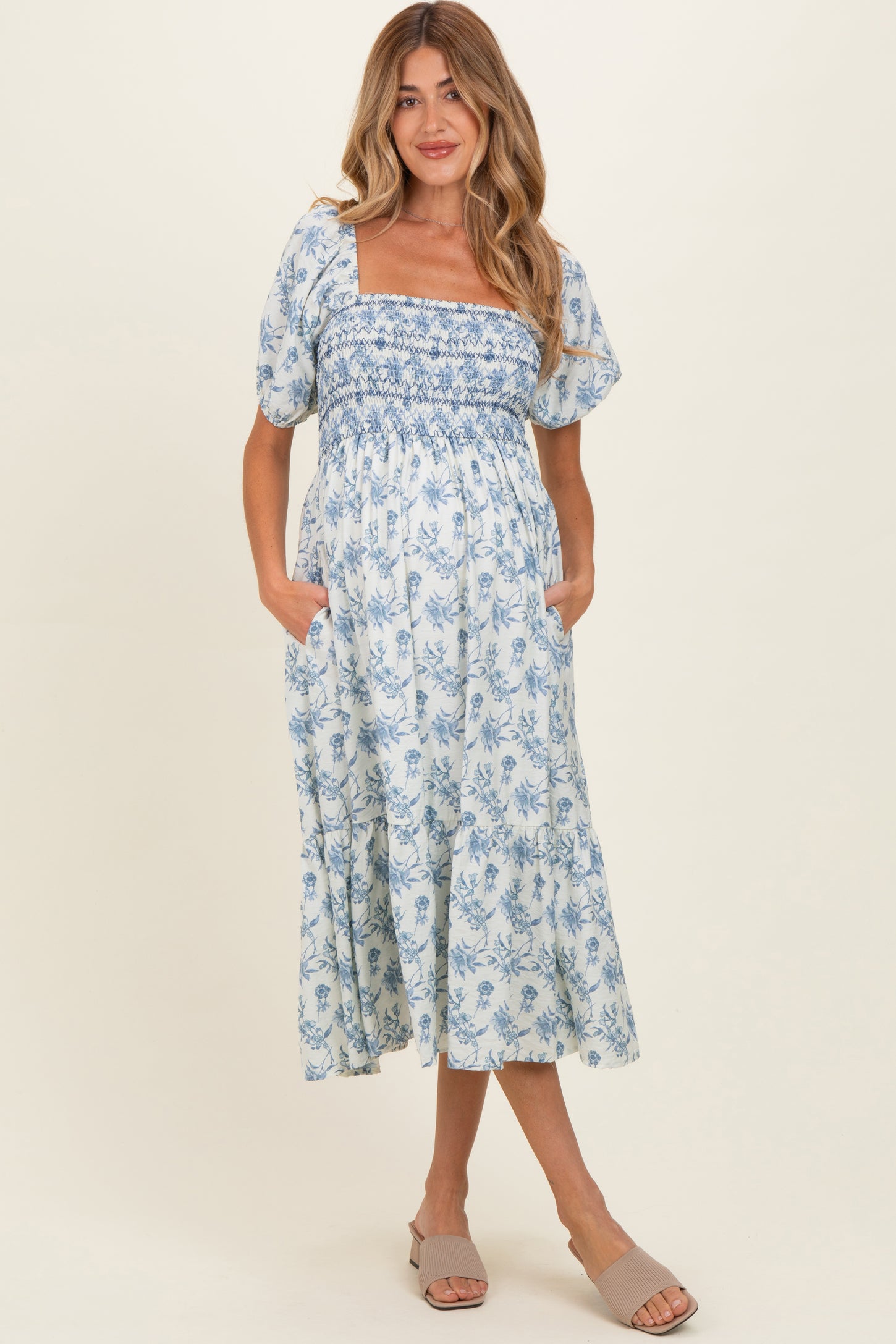 Porcelain Blue Floral Smocked Puff Sleeve Maternity Midi Dress